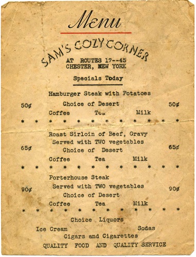 Sam’s Cozy Corner Menu. 1930?-1940? chs-012156